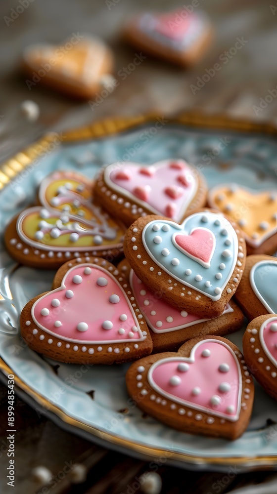 Colorful Heart Shaped Cookies on Plate with Romantic Icing and Sweet Treat Concept Colorful Heart Shaped Cookies on Plate with Romantic Icing and Sweet Treat Concept