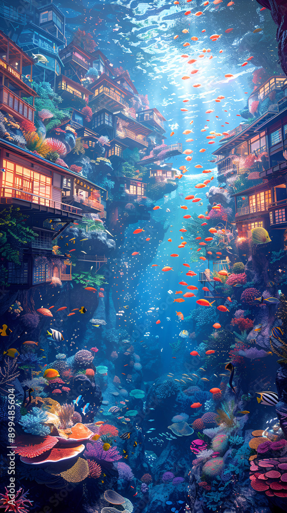 Obraz premium vertical illustration of city buildings under the sea with nuances of coral reefs and fish