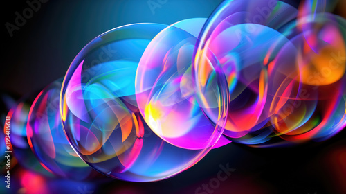 Abstract background, multicolored neon glowing circles, balls shapes on black...