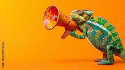 Creative announcement concept. A vibrant chameleon appears to be shouting into a megaphone against a solid orange background, showcasing a playful mix of wildlife