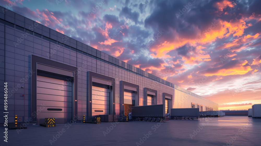 Stunning Sunset Over Industrial Warehouse Loading Docks in a Modern Urban Environment During Evening Hours Stunning Sunset Over Industrial Warehouse Loading Docks in a Modern Urban Environment During Evening Hours