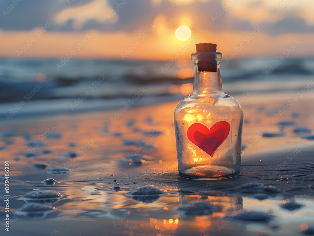 Romantic Love Message Bottle Washed Up on Beach at Sunset Romantic Love Message Bottle Washed Up on Beach at Sunset