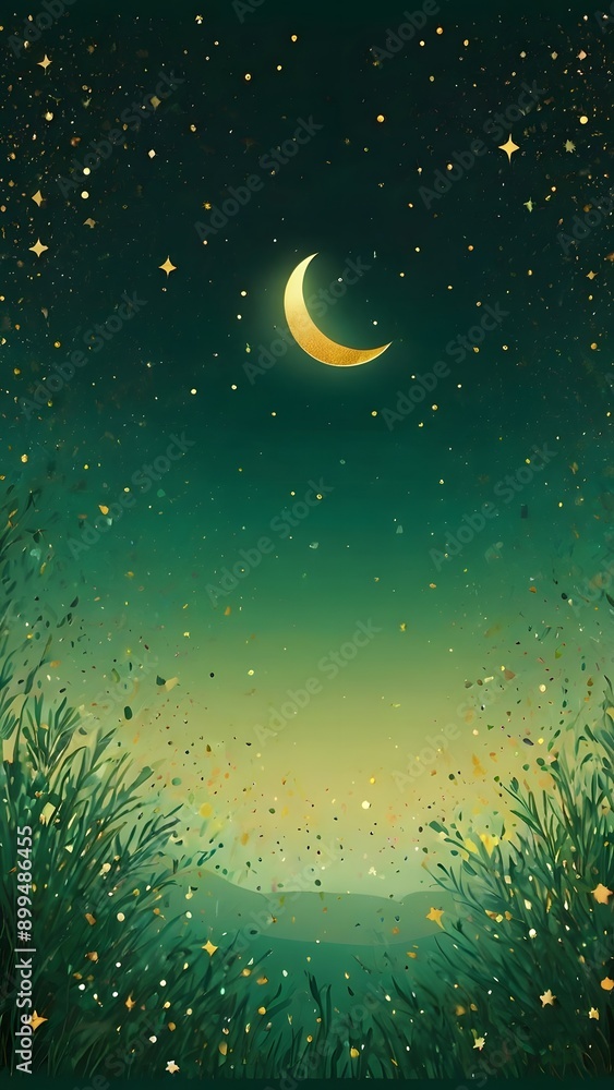 A gradient background transitions from green to a darker shade, adorned with tiny golden glitter, a crescent moon, and twinkling stars. A gradient background transitions from green to a darker shade, adorned with tiny golden glitter, a crescent moon, and twinkling stars.
