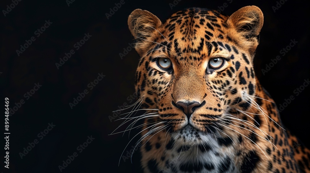 Majestic amur leopard portrait isolated on black background wildlife conservation image Majestic amur leopard portrait isolated on black background wildlife conservation image