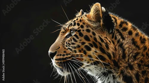 Fototapeta Majestic amur leopard portrait isolated on black background wildlife conservation image 