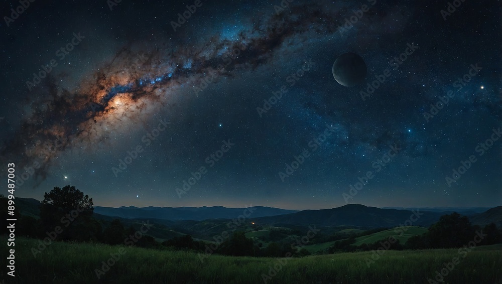 Starry night with a nebula illuminated by twin moons Starry night with a nebula illuminated by twin moons