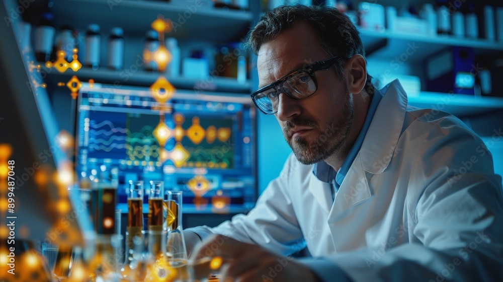 A chemist analyzing chemical structures on a computer A chemist analyzing chemical structures on a computer