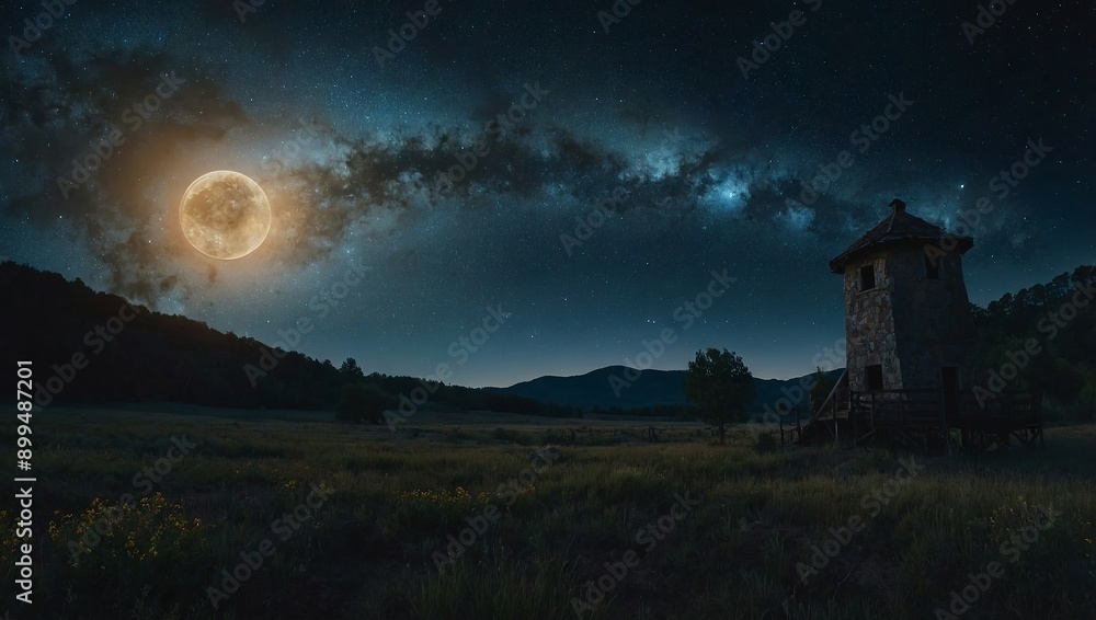 Starry night with a nebula illuminated by twin moons Starry night with a nebula illuminated by twin moons