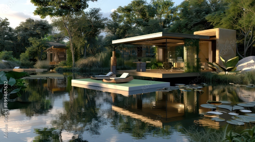 remote office space set up on a large, tranquil pond, with a floating platform, eco-friendly materials, and a panoramic view of the natural setting remote office space set up on a large, tranquil pond, with a floating platform, eco-friendly materials, and a panoramic view of the natural setting