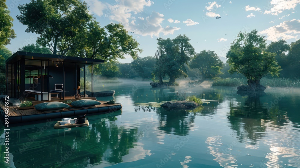 remote office space set up on a large, tranquil pond, with a floating platform, eco-friendly materials, and a panoramic view of the natural setting remote office space set up on a large, tranquil pond, with a floating platform, eco-friendly materials, and a panoramic view of the natural setting