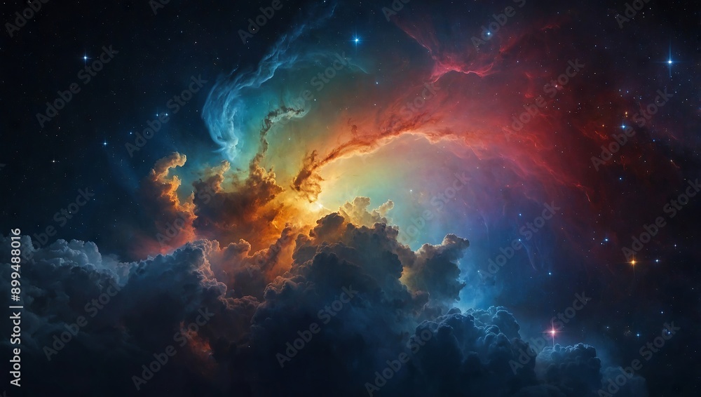 Fototapeta premium Cosmic cloud nebula with rainbow colors and distant constellations