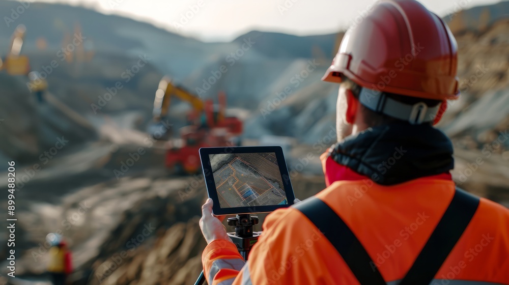 Construction Worker Using Tablet to Control Mining Equipment with Digital Map, Land Bridge in Background, construction worker, tablet, iPad, controlling equipment, digital map, layout, open landscape Construction Worker Using Tablet to Control Mining Equipment with Digital Map, Land Bridge in Background, construction worker, tablet, iPad, controlling equipment, digital map, layout, open landscape