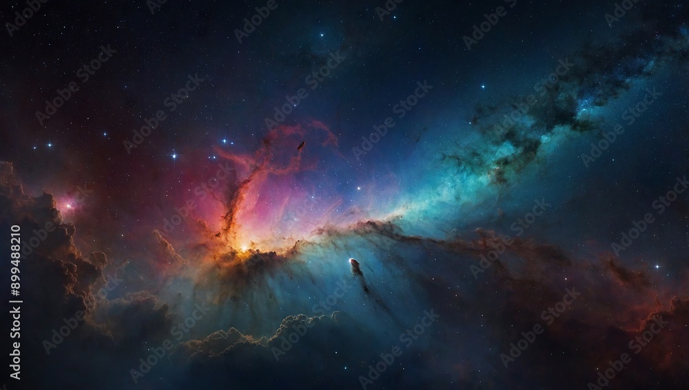 A colorful nebula with a starry field and a bright comet streaking by A colorful nebula with a starry field and a bright comet streaking by