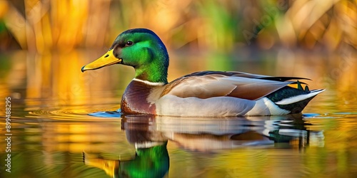 Wild male mallard duck swimming in a serene pond, wildlife, waterfowl, nature, feathers, colorful, bird, pond, swimming, male photo