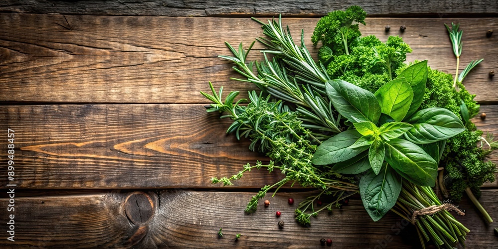 Fresh herbs on a rustic wooden background with a textured green leaf , herbs, wood, background, green, leaf, organic Fresh herbs on a rustic wooden background with a textured green leaf , herbs, wood, background, green, leaf, organic