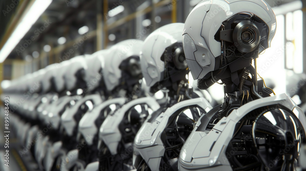 Futuristic Humanoid Robots in Advanced Cybernetic Society with Sleek Technology and Innovation