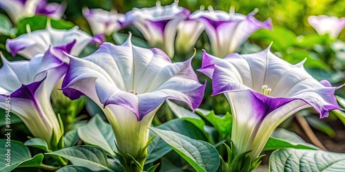 Beautiful close-up shot of white and purple datura flowers blooming in a garden , datura, flowers, nature, blooming, white