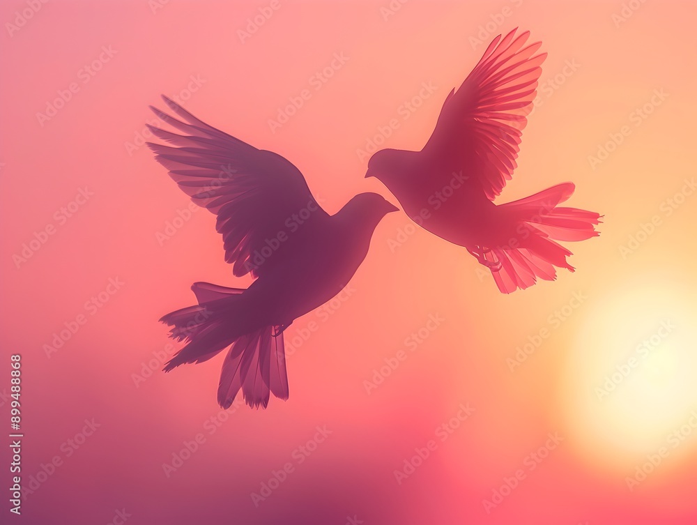 Obraz premium Lovebirds Soaring Together in Romantic Sunset Skies