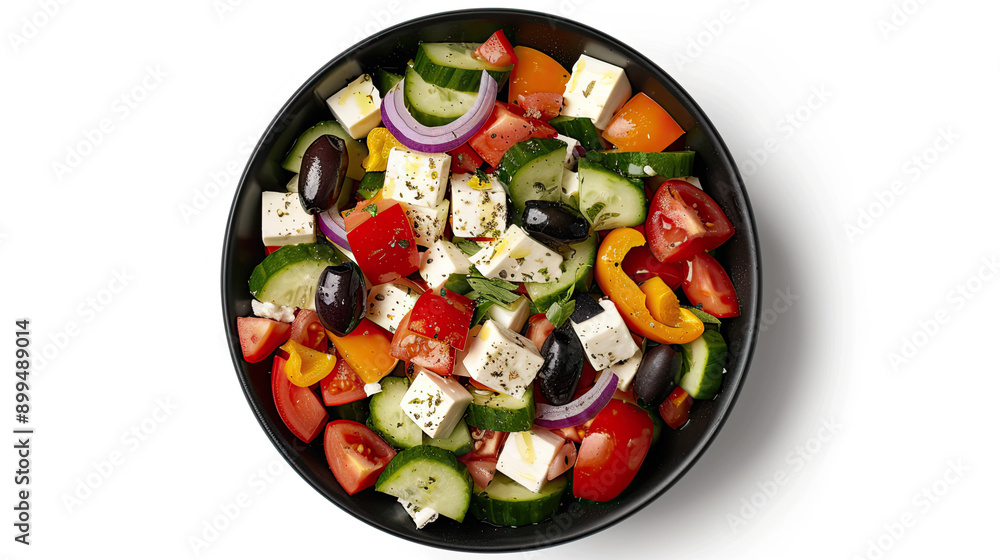 Top view of Greek salad isolated on white background fresh and colorful ingredients vibrant and healthy dish crisp vegetables and feta cheese classic Mediterranean flavor clean and appetizing Top view of Greek salad isolated on white background fresh and colorful ingredients vibrant and healthy dish crisp vegetables and feta cheese classic Mediterranean flavor clean and appetizing
