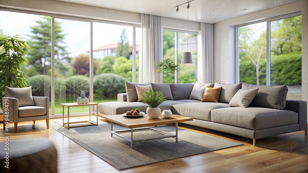 Blurred interior of light living room with grey sofas, coffee table and big window , interior, living room, blurred Blurred interior of light living room with grey sofas, coffee table and big window , interior, living room, blurred