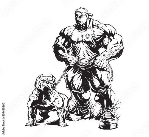 Heavy Body Builder Weight Lifter wearing Cap with Pit Bull Dog Clipart Art Vector for T-shirts and Wall Decal Workout Athletic Gym Muscle Logo Fitness Beast Barbell Healthy Wall Sticker for Decor