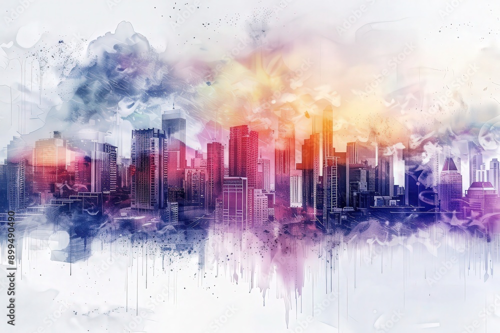 Obraz premium Surreal watercolor depiction of a futuristic cityscape, blending architectural innovation with artistic imagination, symbolizing progress and urban development