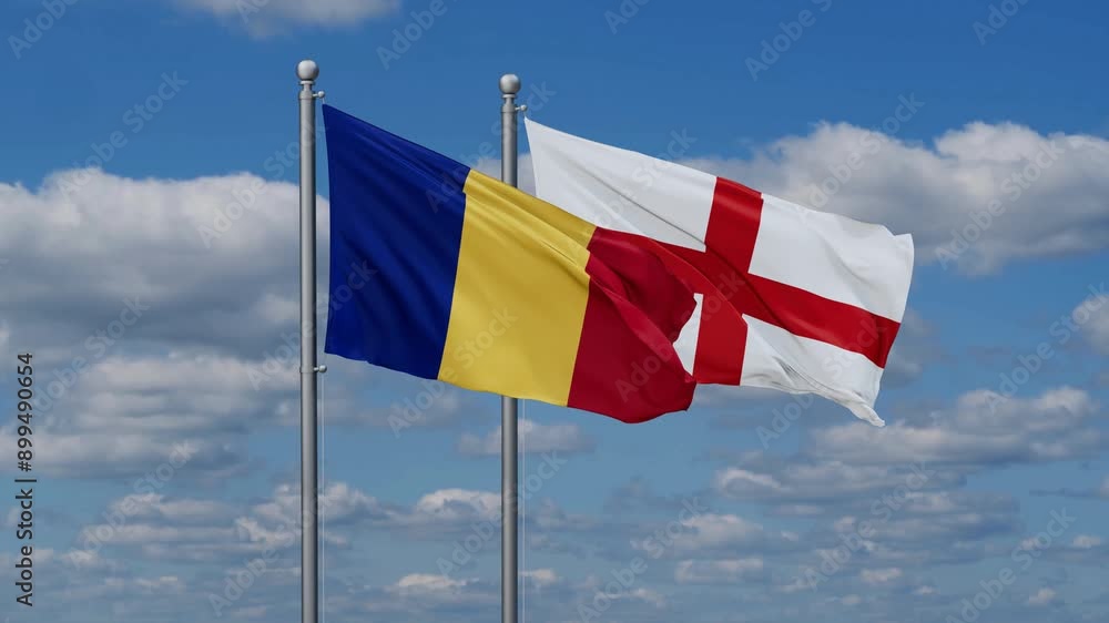 England and Romania flags flying together, video concept of the relationship, two country relations concept England and Romania flags flying together, video concept of the relationship, two country relations concept