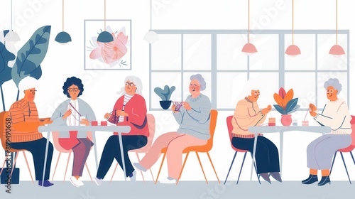 Wallpaper Mural Elderly participants focus on their knitting and sewing projects in a cheerful, communal environment filled with plants and natural light. Generative AI Torontodigital.ca