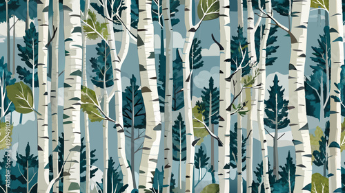 seamless repeat pattern silver birch trees, forest, woodlands, trunks 