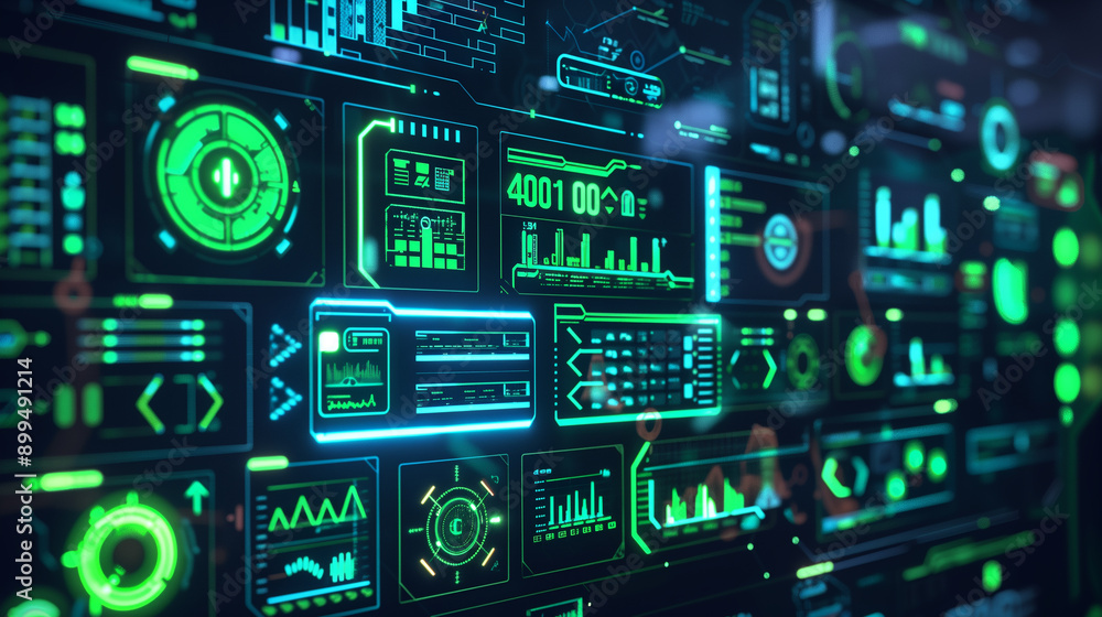 A computer screen with many different icons and buttons. Concept of technology and modernity A computer screen with many different icons and buttons. Concept of technology and modernity