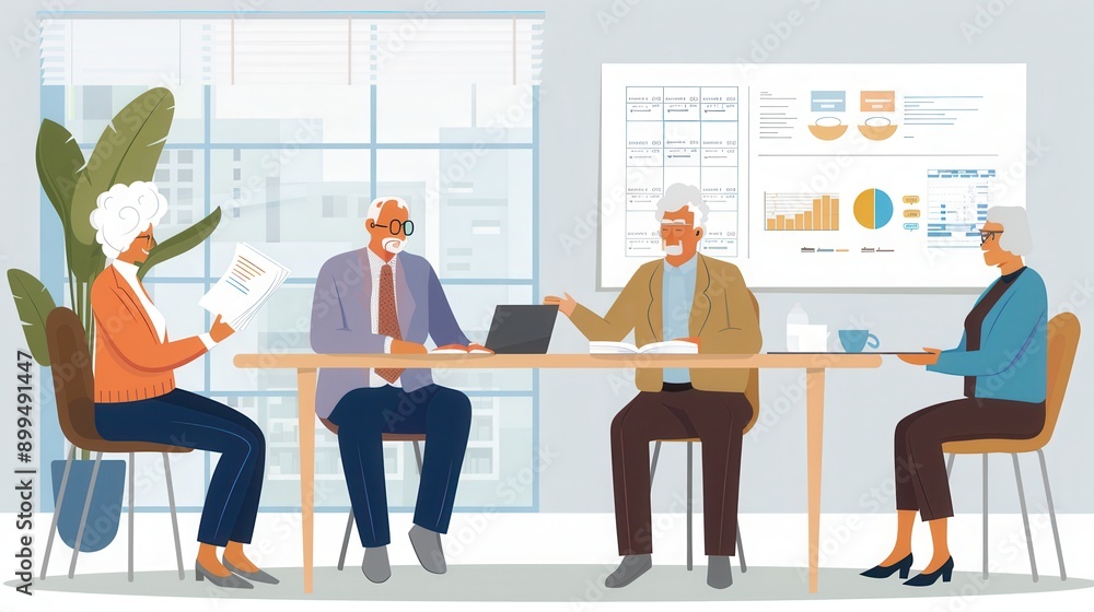 Four elderly people are actively discussing various topics while seated around a table in a well-lit office environment. Generative AI Four elderly people are actively discussing various topics while seated around a table in a well-lit office environment. Generative AI