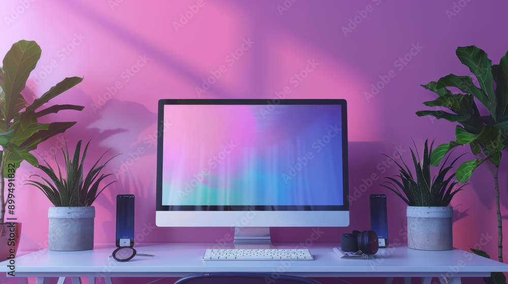 A sleek computer desk setup with a large monitor, plants, and tech accessories against a vibrant pink wall. A sleek computer desk setup with a large monitor, plants, and tech accessories against a vibrant pink wall.
