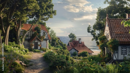 Artistic rendition of a charming seaside hamlet on the Baltic Sea, with lush greenery and a calm, sunny atmosphere © Ahmed