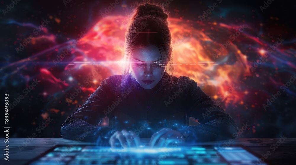 Fototapeta premium Woman Working on Futuristic Technology with a Galaxy Background.