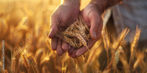 Farmer holding wheat in hands at sunset in field