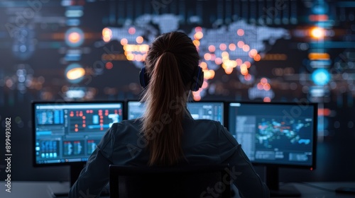 Woman Working on Computer with World Map Display.