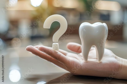 Hand holding a question mark and tooth model, symbolizing dental questions and oral health choices.