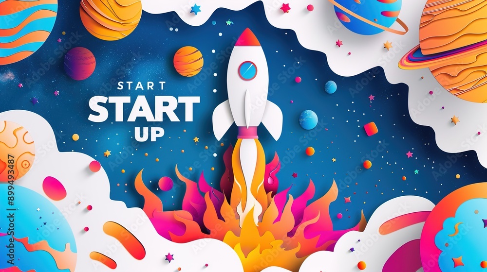 A rocket travelling through the planets, start up concept, design banner template, paper illustration, and 3d paper. A rocket travelling through the planets, start up concept, design banner template, paper illustration, and 3d paper.