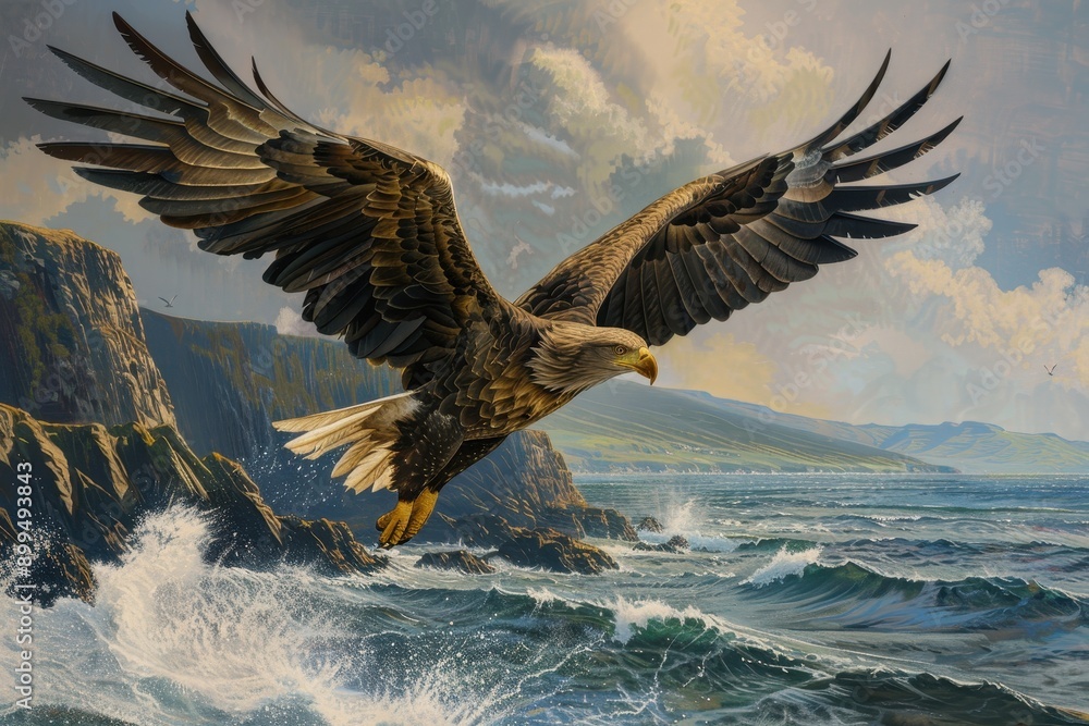 Fototapeta premium A magnificent white-tailed eagle soaring over a coastal landscape, with cliffs and ocean waves in the background.