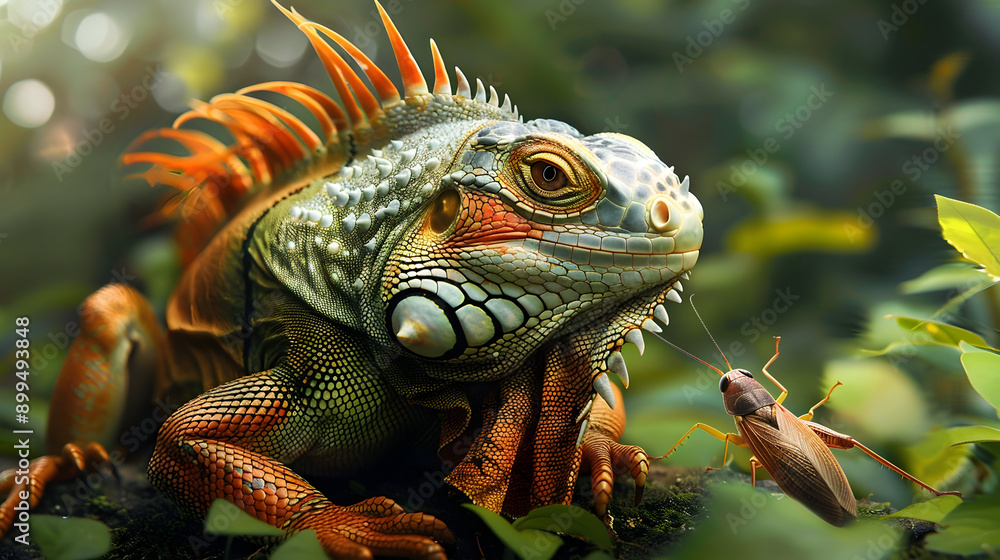 Fototapeta premium Green Iguana with Orange Spikes in the Jungle with a Grasshopper