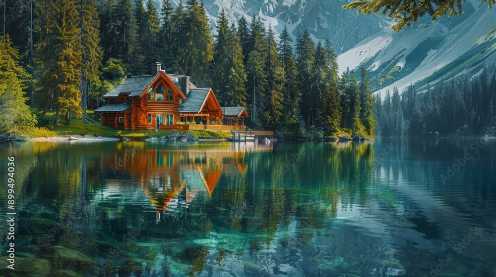 Fototapeta premium Oil painting capturing a tranquil lakeside cabin, surrounded by pine forests and reflecting in clear waters