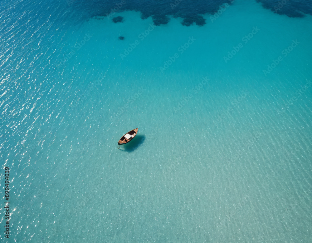 Fototapeta premium Aerial View of Small Boat Anchored on Pristine Beach with Clear Blue Water