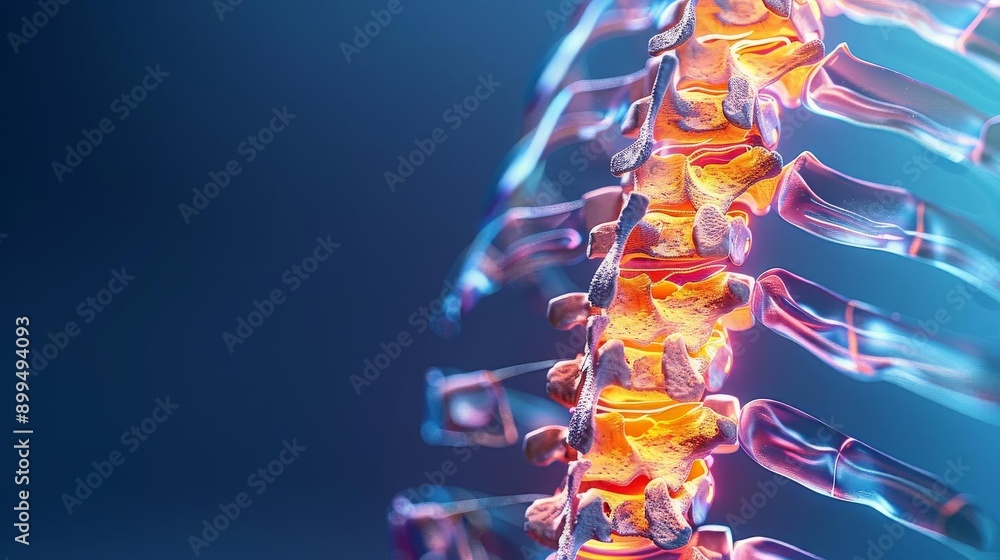 3D illustration of the human spine with glowing intervertebral discs on ...