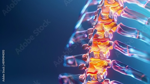 3D illustration of the human spine with glowing intervertebral discs on a blue background, representing medical and biological science. photo