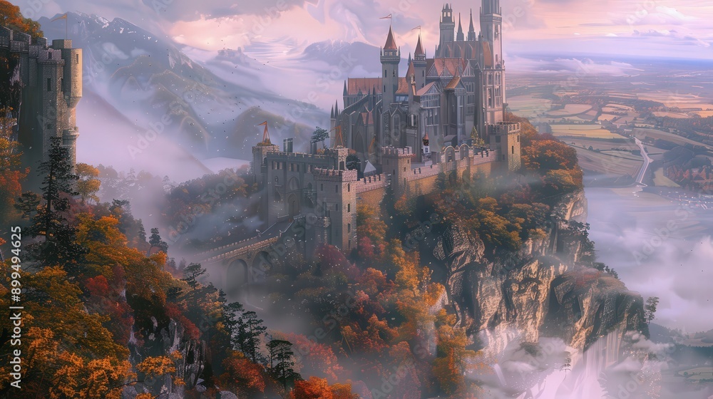 Fototapeta premium Oil painting of an ancient medieval castle, perched on a cliff overlooking a misty valley