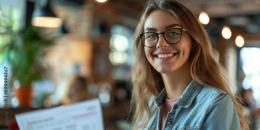 A young woman wearing glasses, smiling and holding a menu in a cozy cafe setting with warm lighting. A young woman wearing glasses, smiling and holding a menu in a cozy cafe setting with warm lighting.