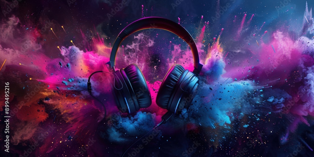Obraz premium Stereo headphones bursting into a festive explosion of vibrant colors, dust, and smoke, illuminated by dynamic light effects, capturing the essence of loud music, pulsating bass, and energetic beats