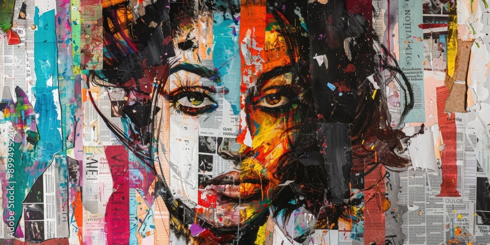 Fototapeta premium Urban Feminist Revolution Art: Gritty Collage of Torn Newspapers and Vibrant Paintings, Depiction of an Iconic Woman Championing Rights and Equality, Symbolic Urban Graphic Artwork, Mixed Media Street