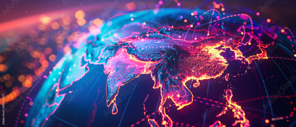 Vibrant Electric Map of Asia Highlighting Major Cities and Network Connections at Night Vibrant Electric Map of Asia Highlighting Major Cities and Network Connections at Night