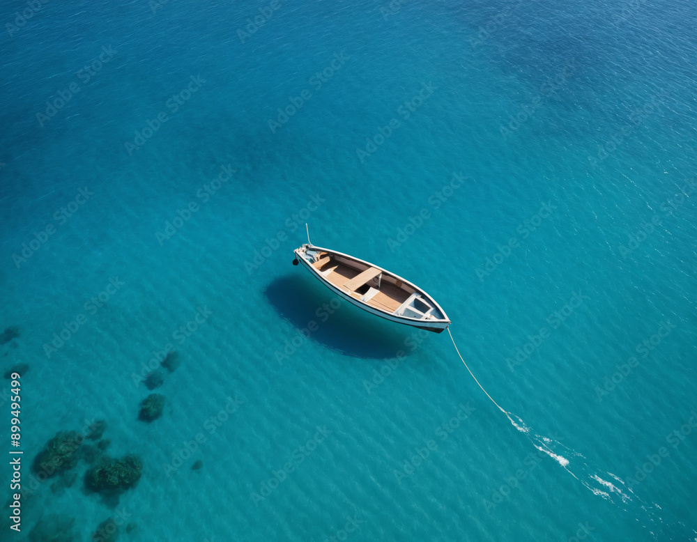 Fototapeta premium Aerial View of a Small Boat Floating on Clear Turquoise Water